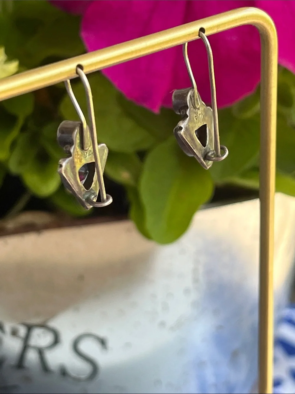 Sterling Silver Iolite & Amethyst Triangular Drop Earrings Vintage
